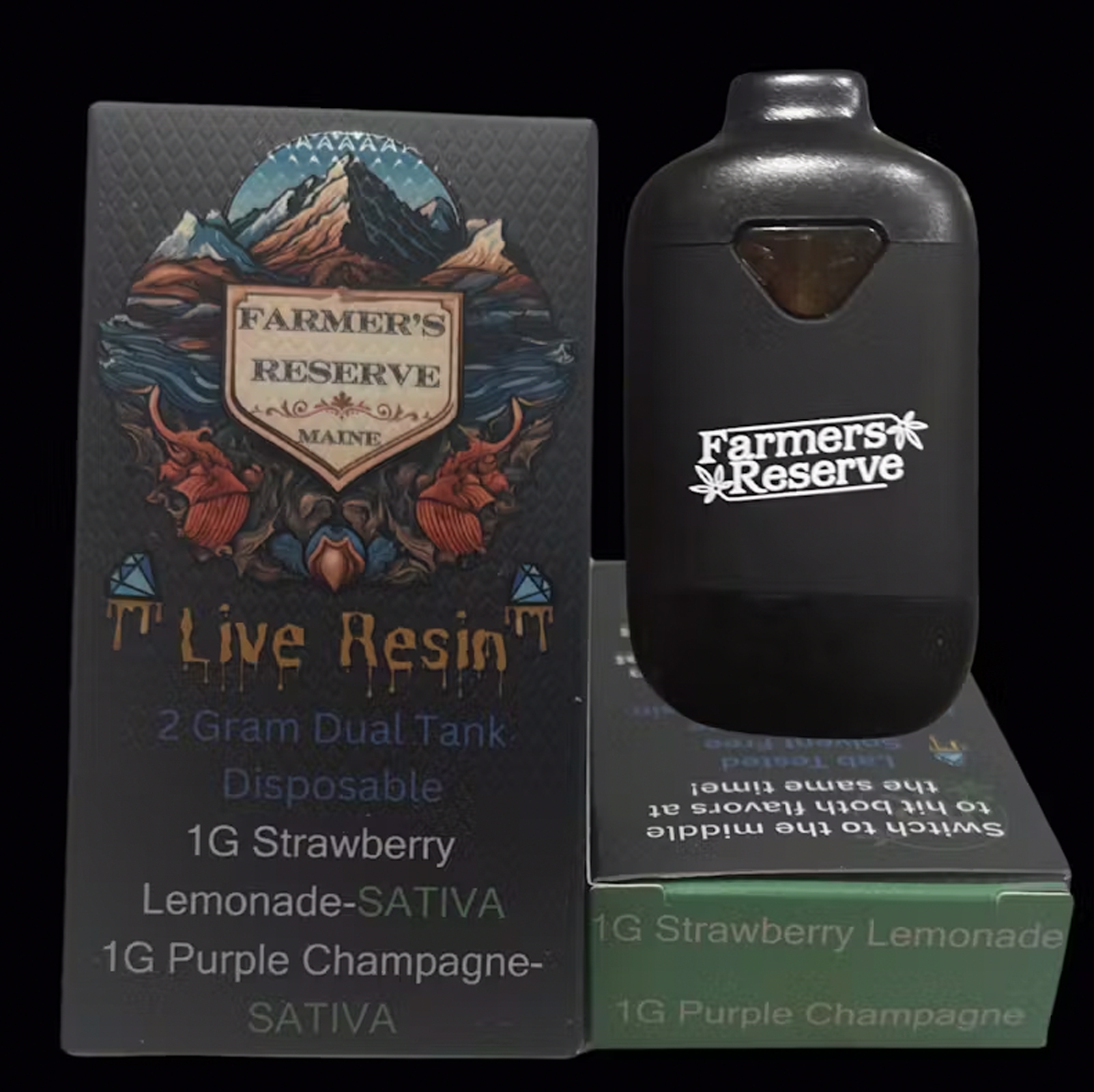 Photograph of product: Farmers Reserve Live Resin Dual Tank Disposable Cart. Strawberry Lemonade x Purple Champagne 2 G