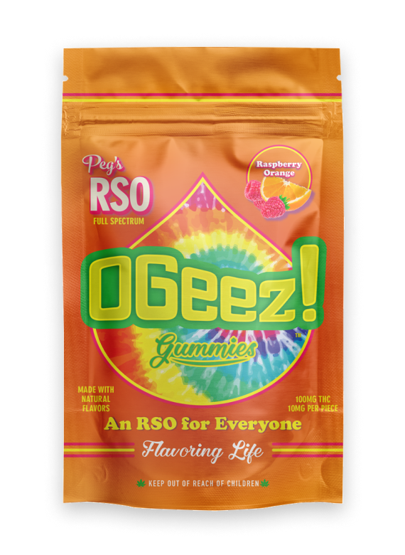 Photograph of product: OGeez - Peg's Raspberry Orange RSO 100mg 10- Pack