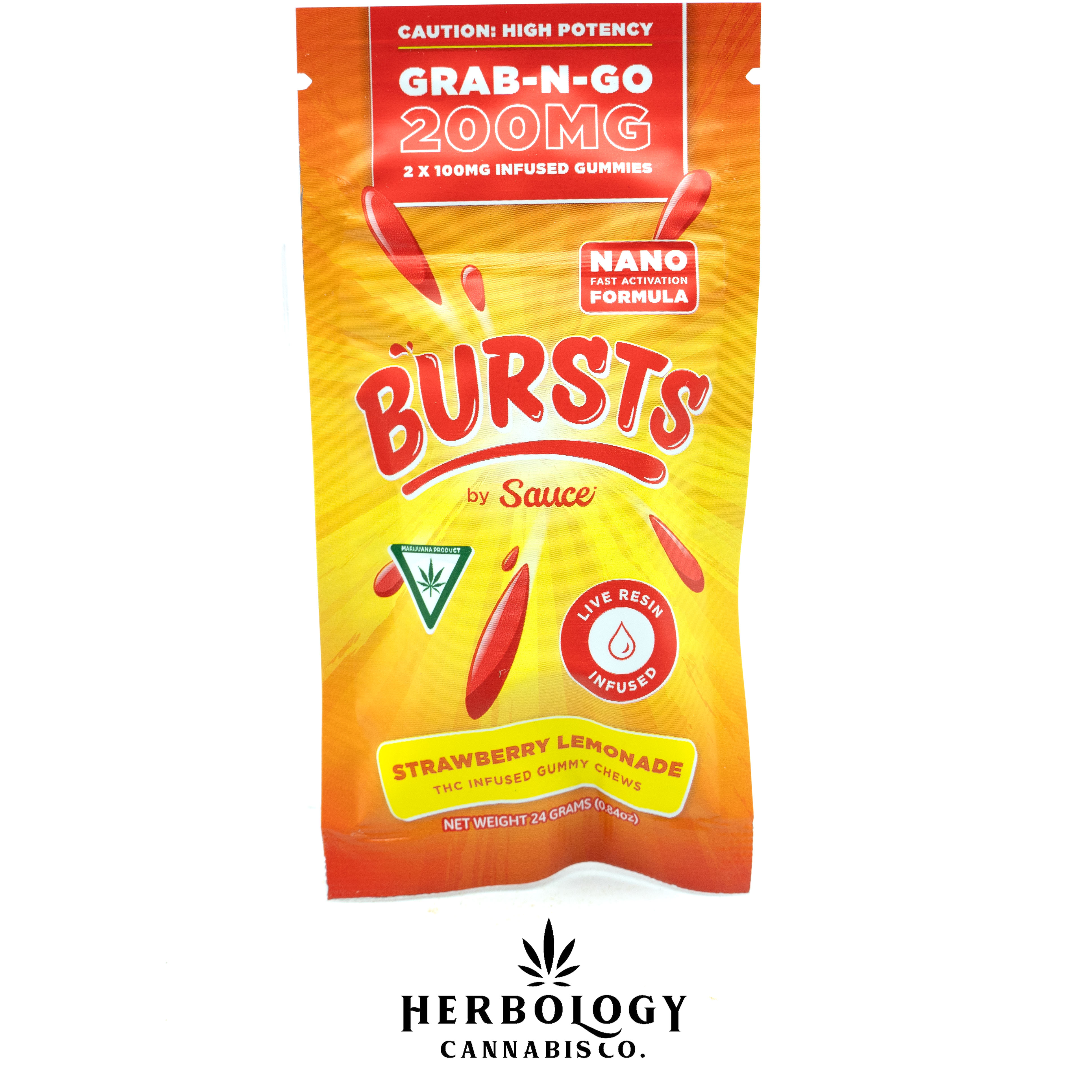 Photograph of product: Bursts by Sauce | Live Resin Gummy | Strawberry Lemonade | 200mg