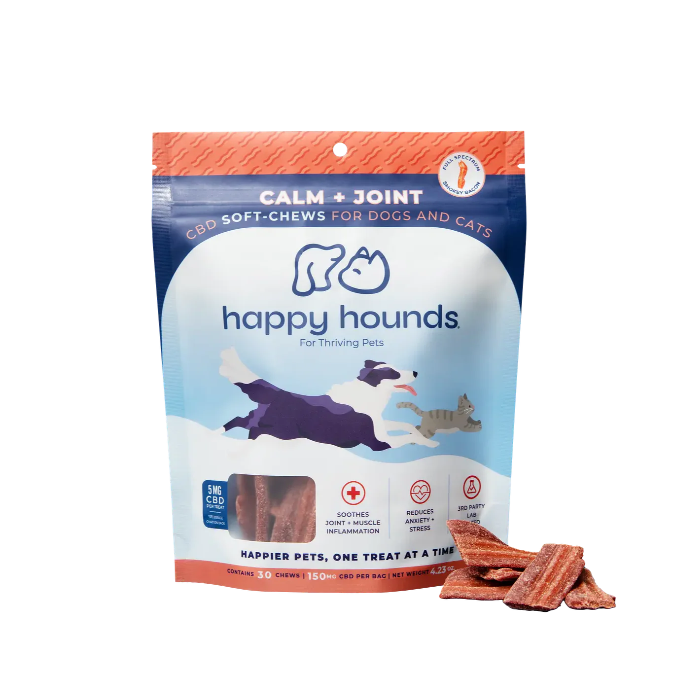 Photograph of product: Happy Hounds - Calm + Joint Smokey Bacon CBD Soft Chews - 150mg