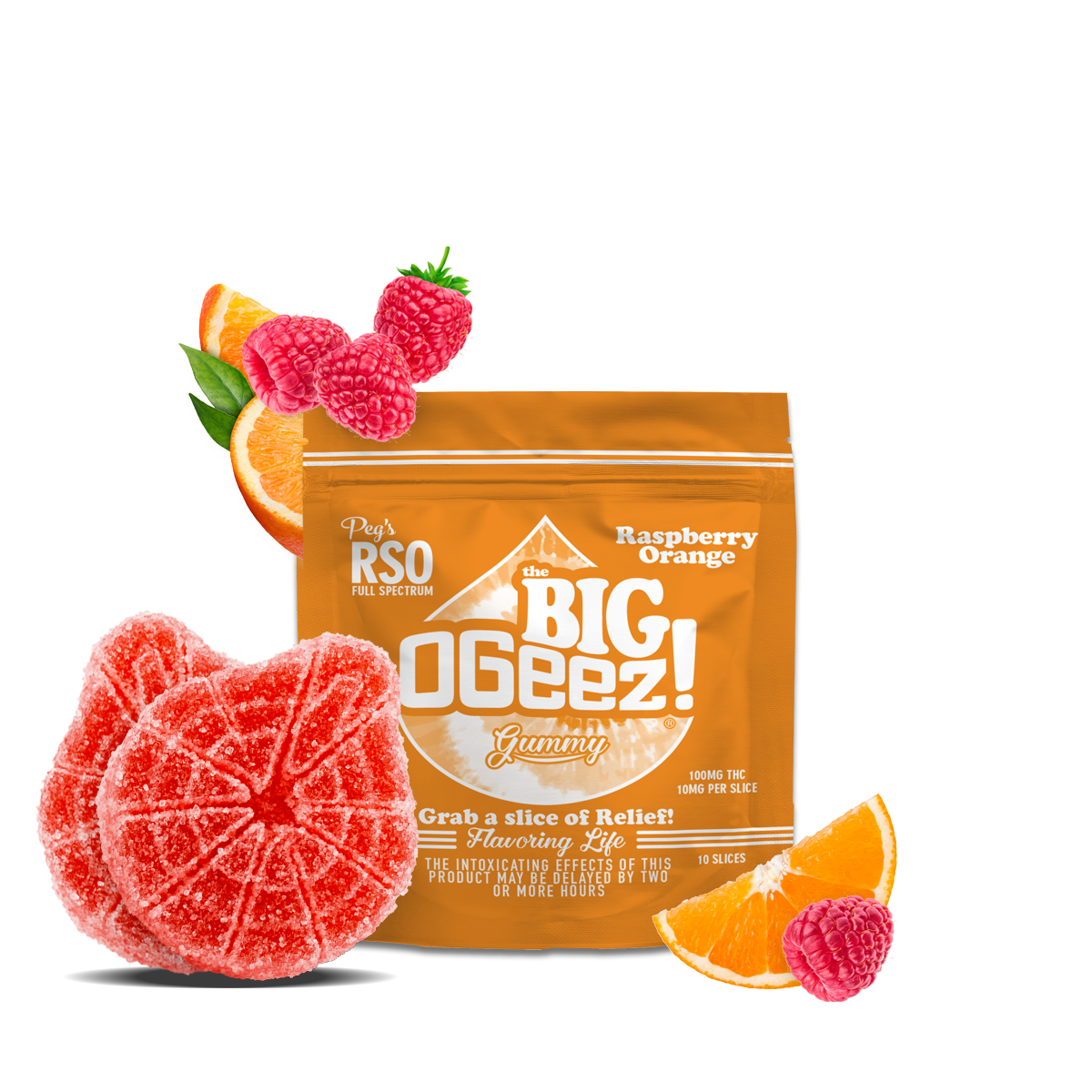 Photograph of product: OGeez | Peg's BIG Raspberry Orange (H) RSO Gummy | 1 pack (100mg)