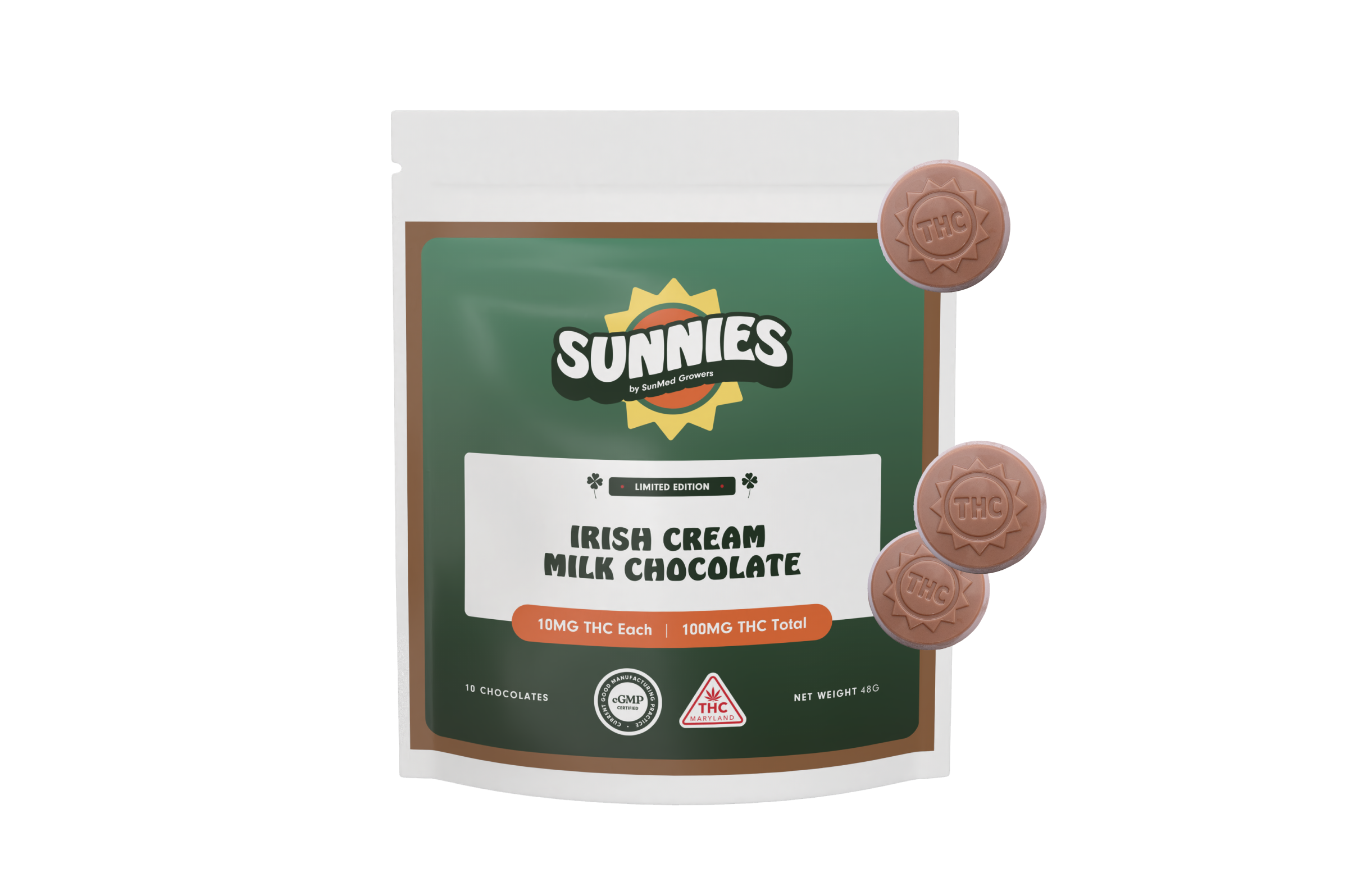 Photograph of product: Sunnies Irish Cream Milk Chocolates 10mg