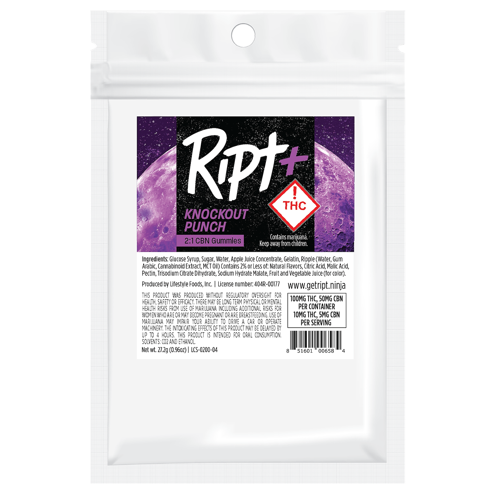 Photograph of product: Ript Gummies Plus Knockout Punch 1:1 TH-oui:CBN 100mg