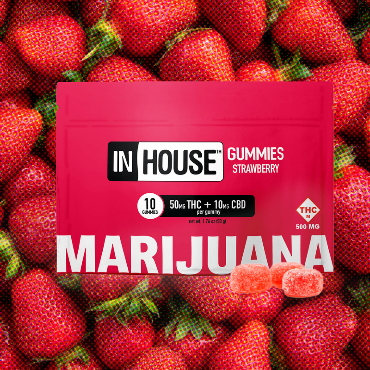 Photograph of product: InHouse | Strawberry 5:1 TH-oui:CBD Gummies | 500mg (10pk)
