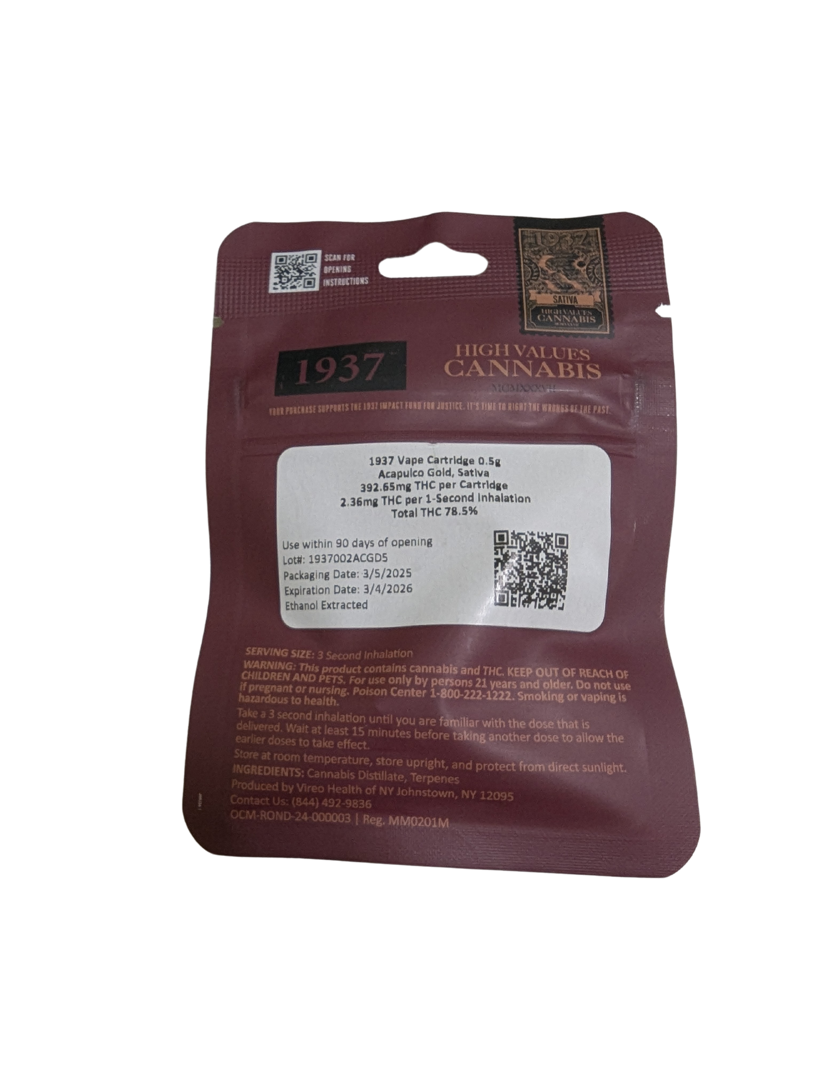 Photograph of product: 1937 | Acapulco Gold | 510 Vape Cartridge | .5g