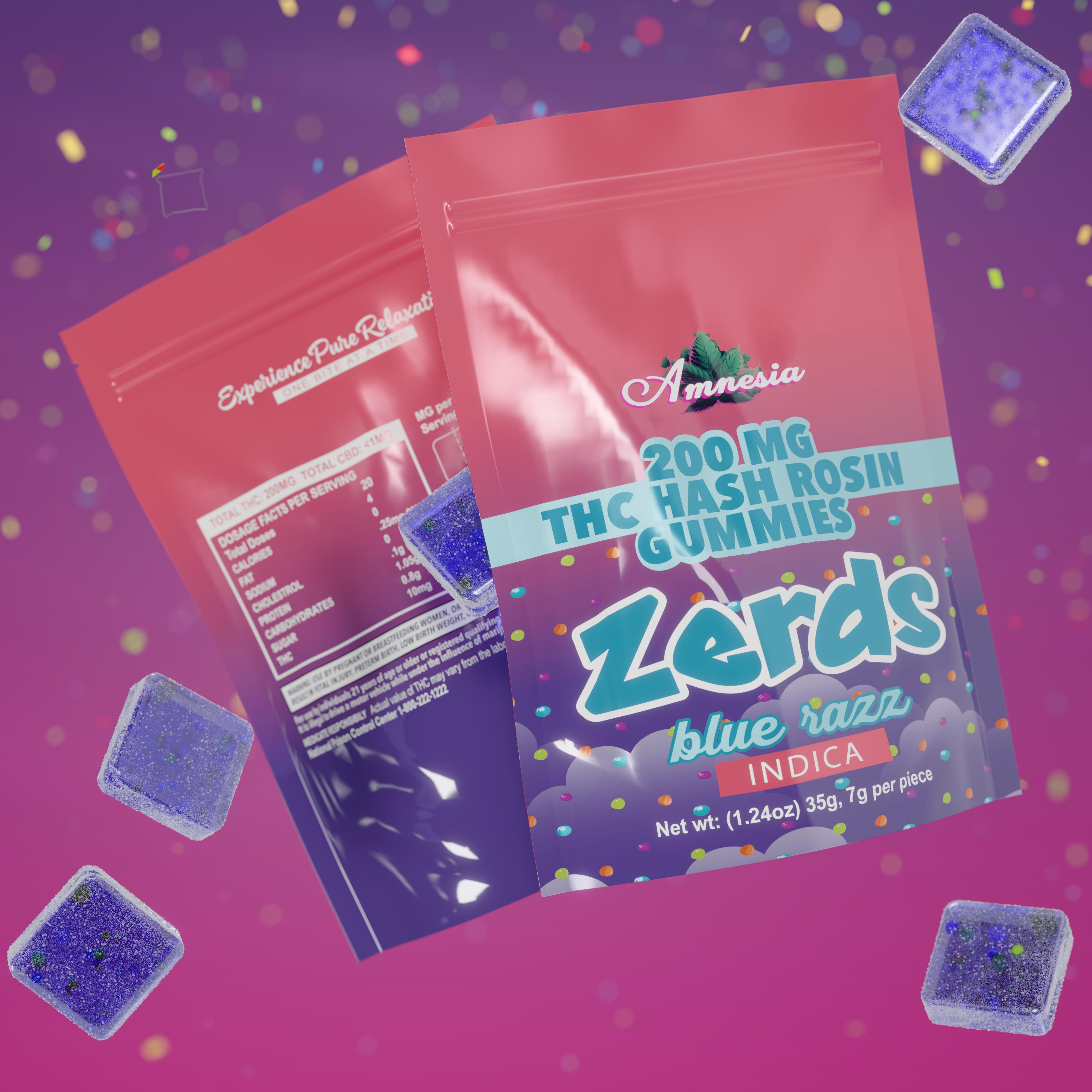 Photograph of product: Zerds - Blue Razz au chocolat Rosin Gummies 5pk 200mg
