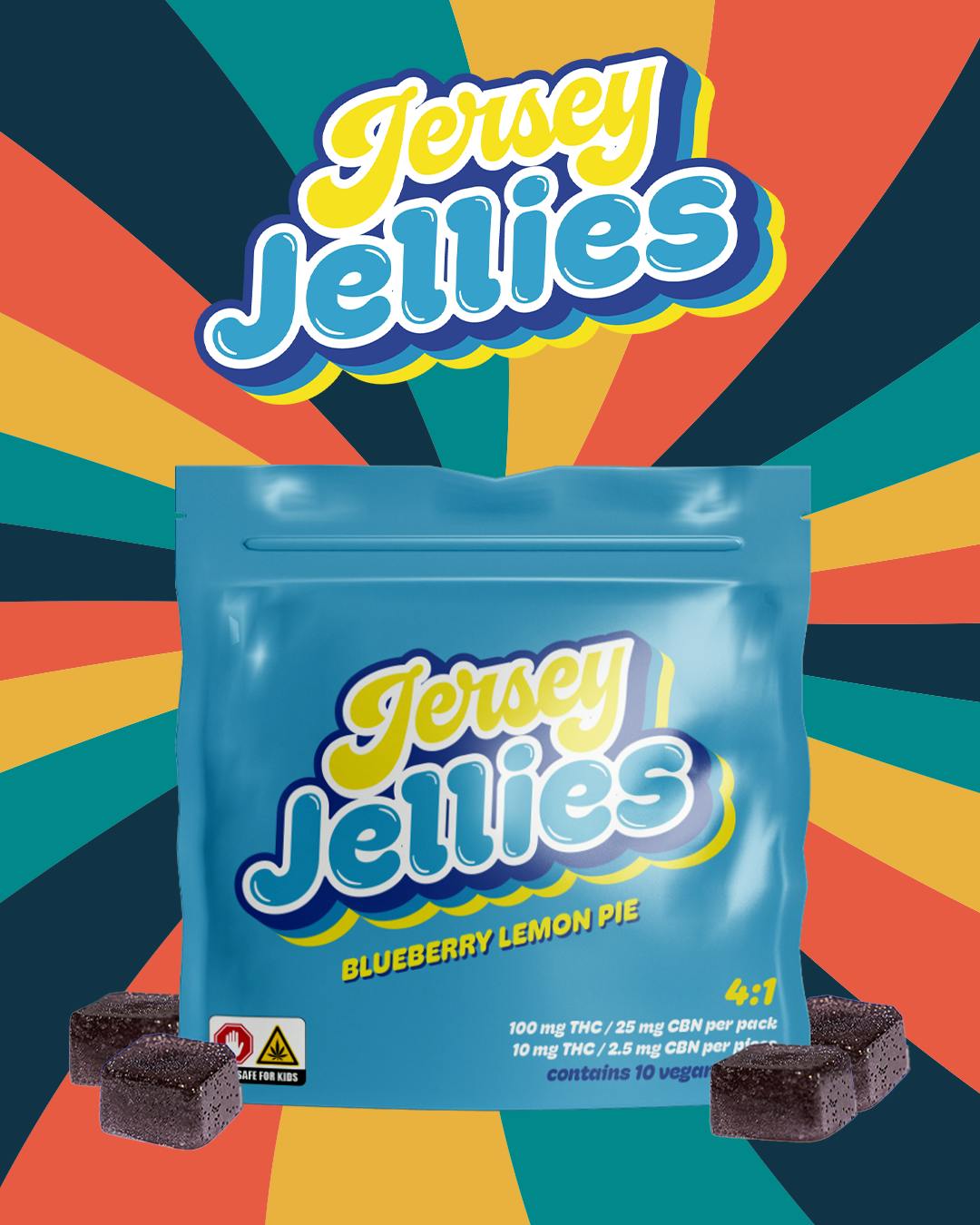 Photograph of product: Jersey Jellies Blueberry Lemon Pie 4:1 TH-oui:CBN Sugar Free Cured Resin Gummies - 100mg
