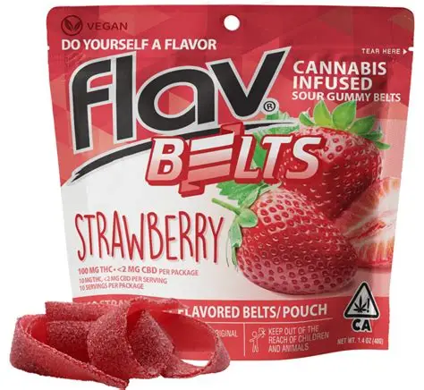 Photograph of product: Flav | Strawberry Sour Belts | Live Resin Gummies | 10ct | 100mg