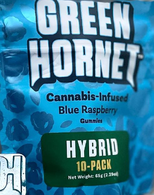 Photograph of product: GREEN HORNET BLUE RAZ SOUR GUMMIES 100mg