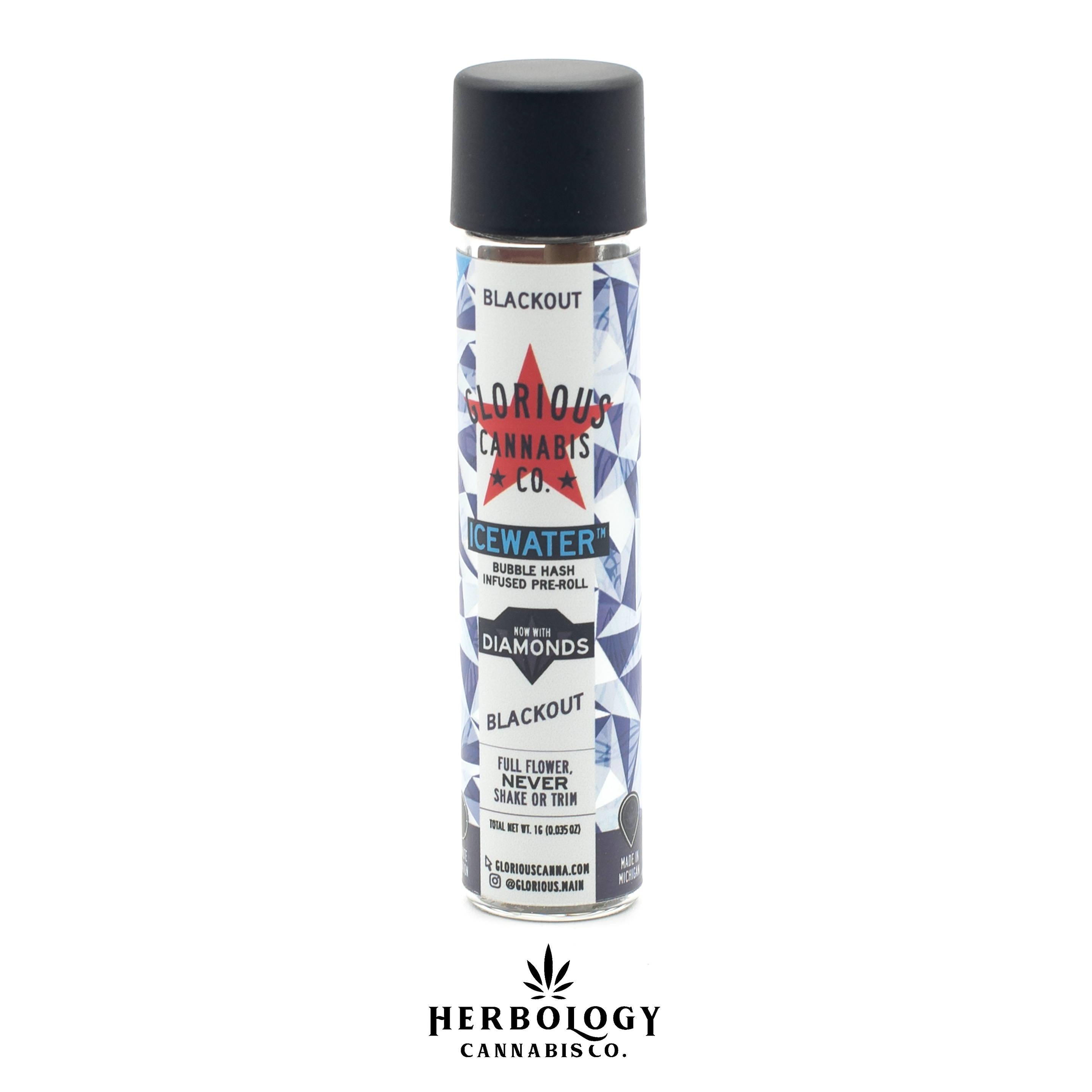 Photograph of product: Glorious | Icewater au chocolat and Diamond Infused Pre-Roll | Blackout | 1g