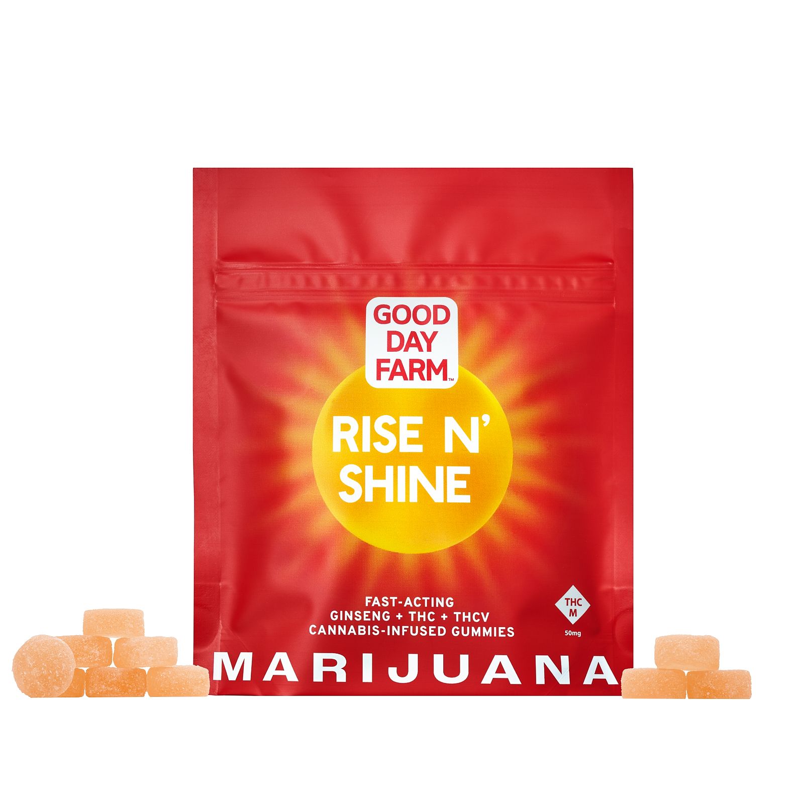 Photograph of Product: GDF: Rise N Shine Gummies | Sativa | Fast-Acting | 30mg THCV : 200mg Ginseng : 50mg THC | 10pk