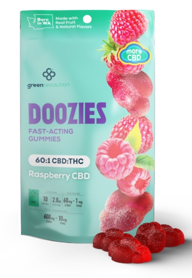 Photograph of product: Green Revolution Doozies Gummies | 60:1 CBD/TH-oui | Raspberry