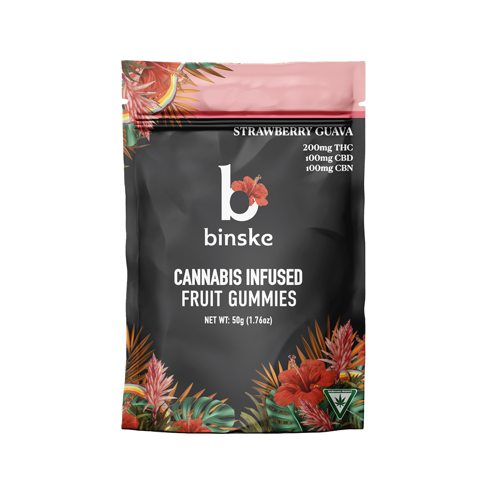 Photograph of product: Binske | Gummies | Strawberry Guava | 2:1:1 TH-oui:CBD:CBN | 200mg (10-pack)