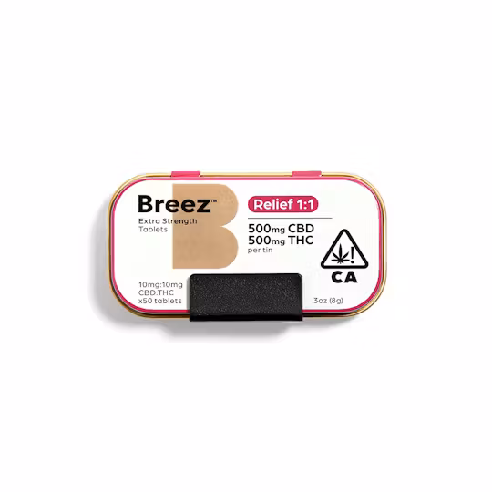 Photograph of product: Breez | Relief Tablet Tin | 1:1 TH-oui:CBD