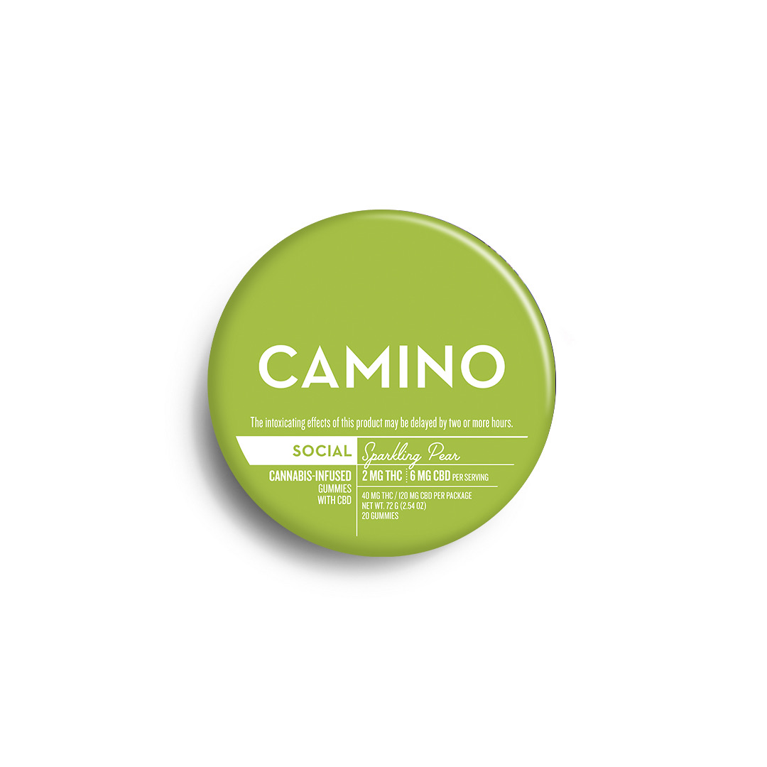 Photograph of product: Camino | Gummies | Social-Sparkling Pear | 6 CBD : 2 THC | 20pk/40mg