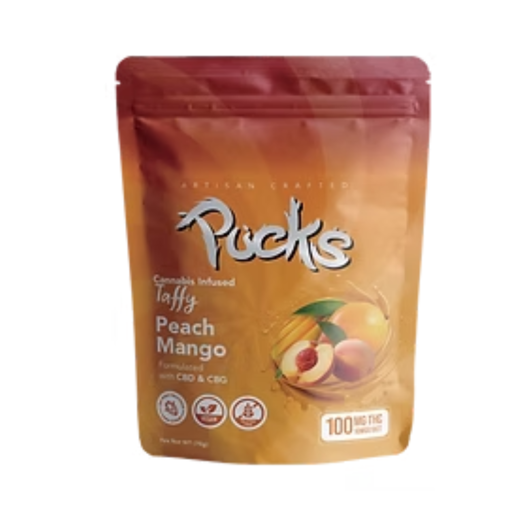 Photograph of product: Pucks - Peach Mango Taffy - 100mg