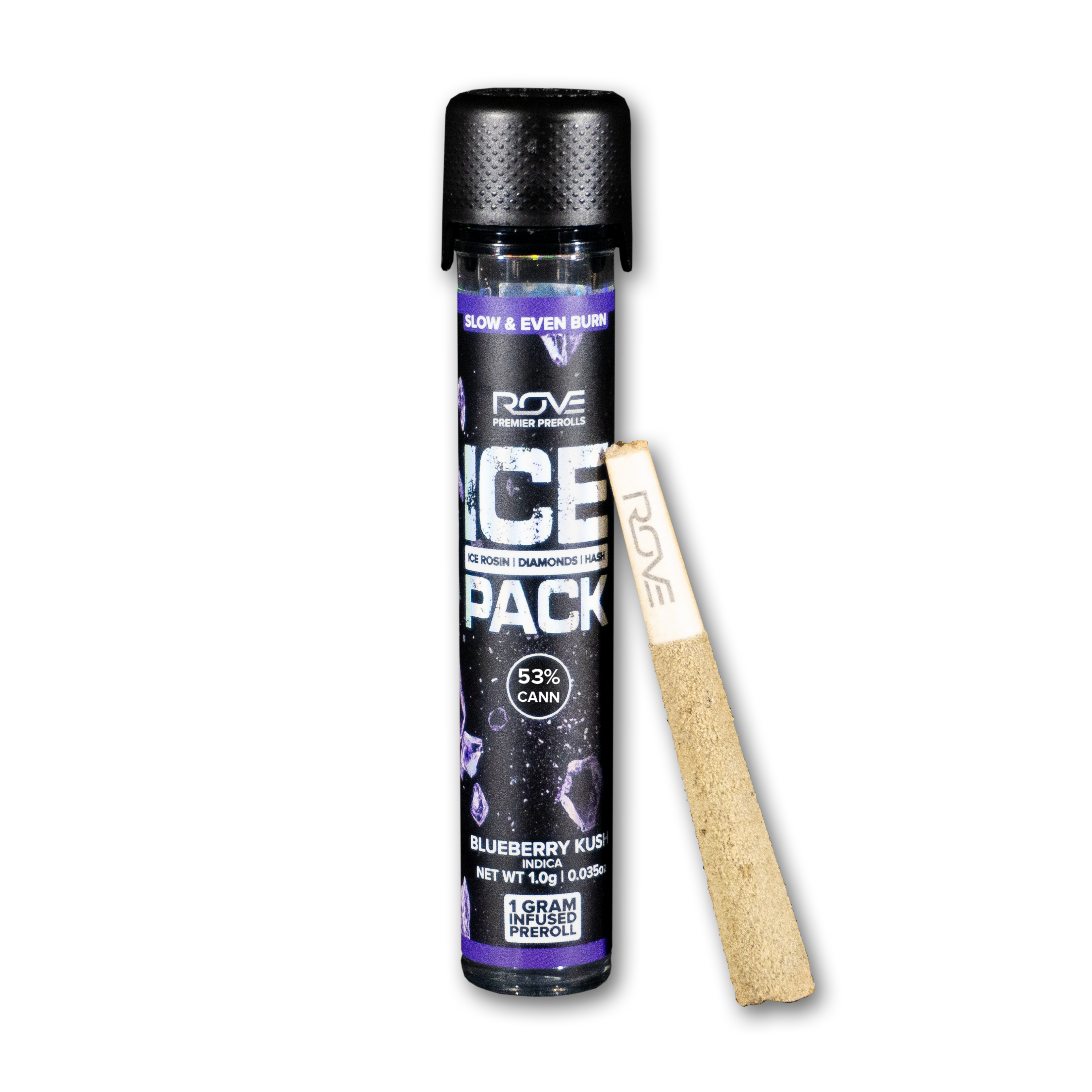 Photograph of product: Rove - Ice Pack - Blueberry Kush - Single Triple-Infused Joint