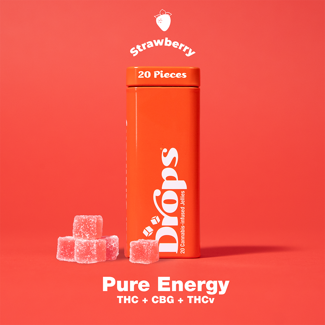 Photograph of product: Drops 100mg 1:1:2 TH-oui:CBG:TH-ouiV STRAWBERRY Pure Energy 20pk Live Rosin Jellies