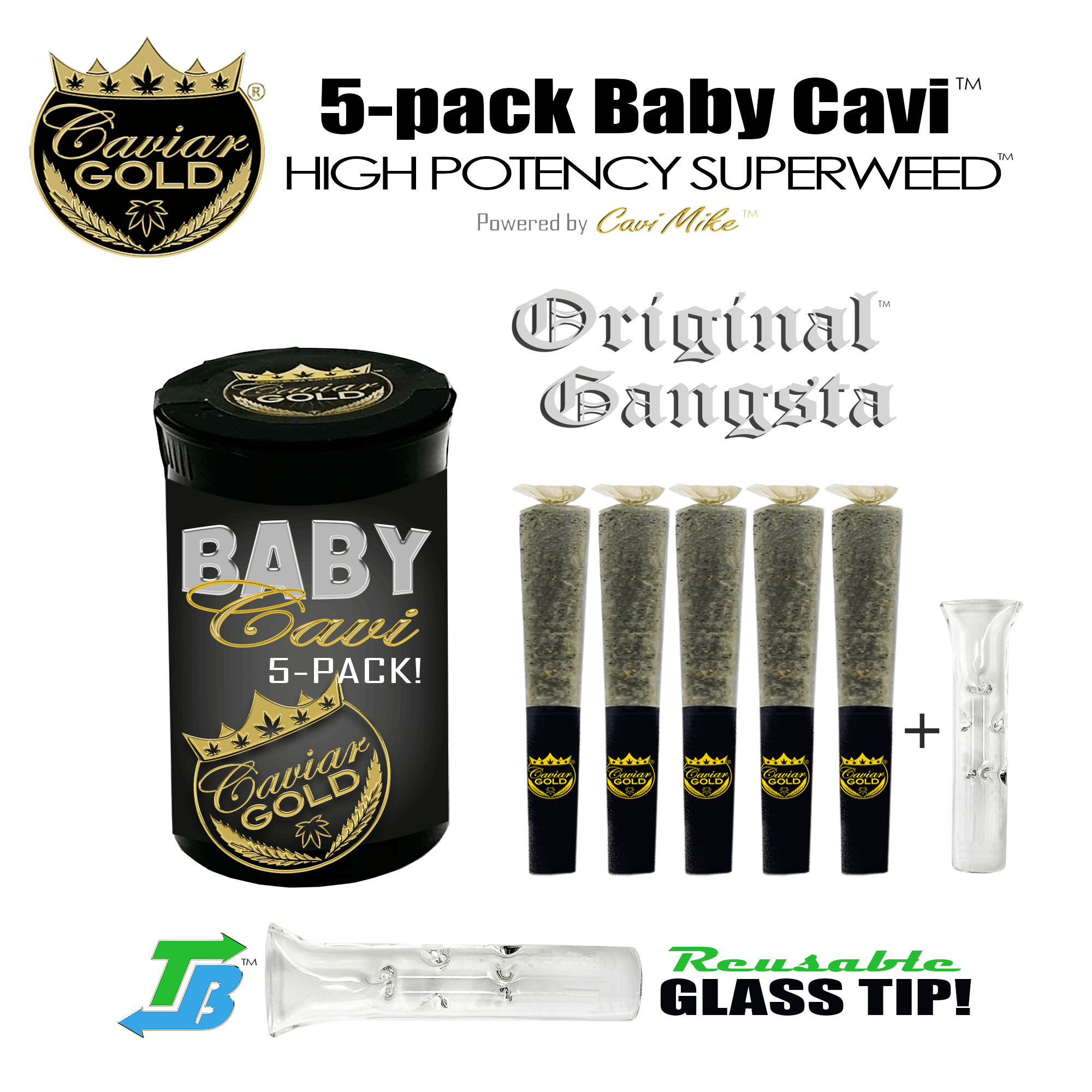 Photograph of product: CAVIAR GOLD | ORIGINAL GANGSTA BABY CAVI | INFUSED PREROLL | 5PK