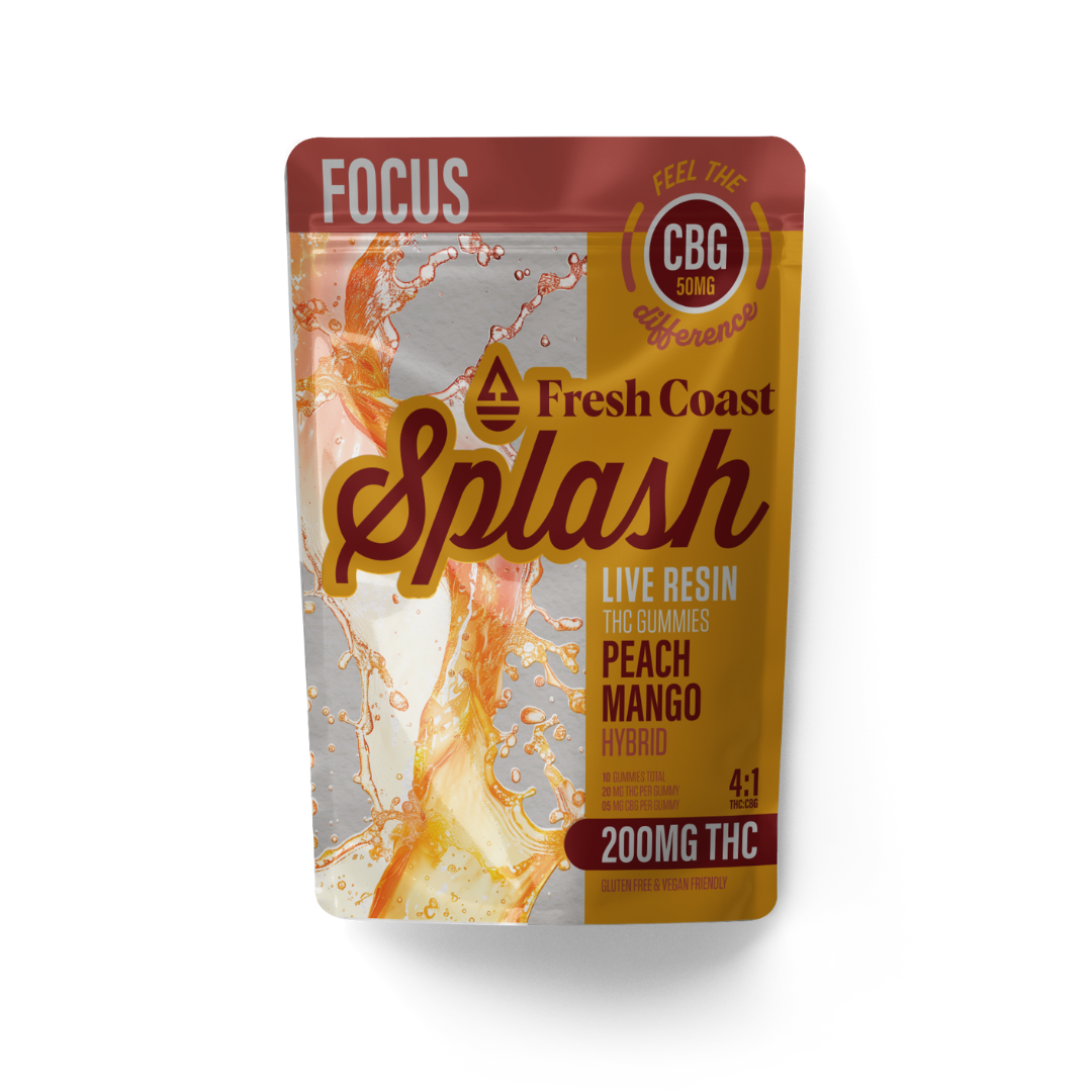 Photograph of product: Splash | Peach Mango Live Resin Focus Gummies | 4:1 TH-oui:CBG | 200mg