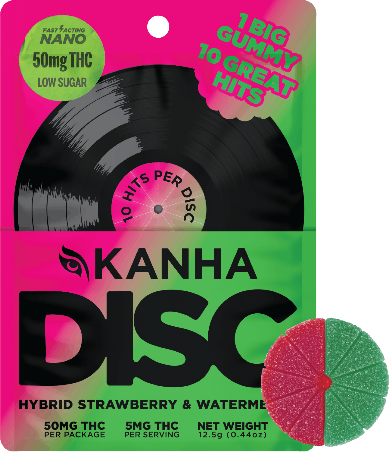 Photograph of product: Kanha Strawberry Watermelon (H) Disc Gummy 50mg 1pk