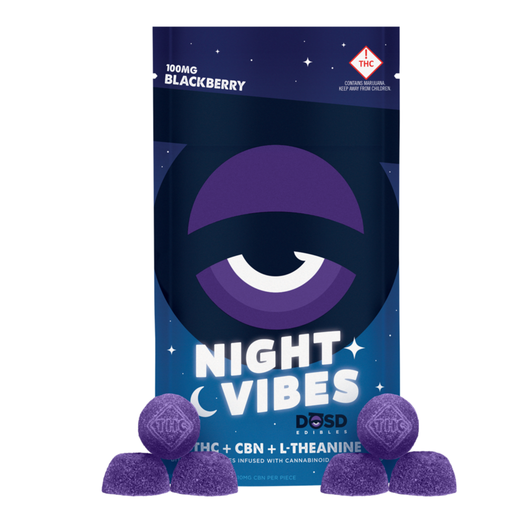 Photograph of product: Night Vibes Blackberry (I) - (1:1 TH-oui:CBN) - 100mg Nano Bites - DOSD