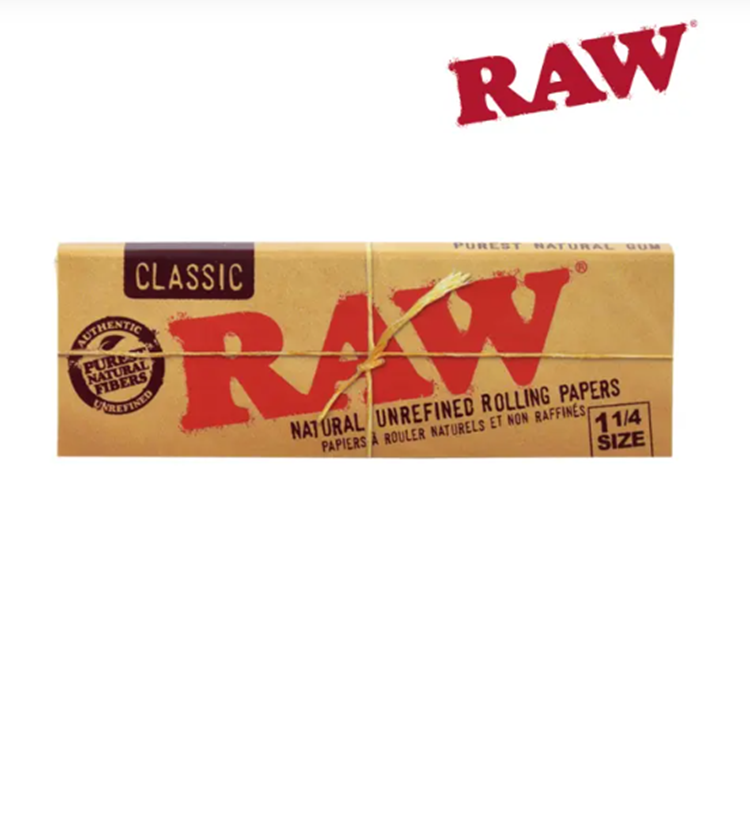 Photograph of product: RAW CLASSIC 1 1/4 SIZE NATURAL UNREFINED ROLLING PAPERS 50/pk