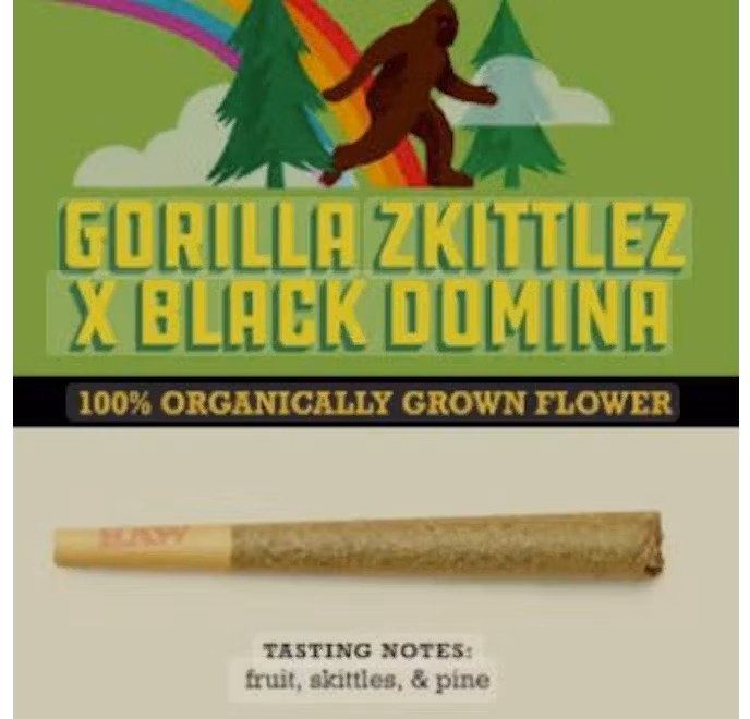 Photograph of product: Gorilla Zkittlez x Black Domina | Living Soil Grown | Single Pre-Roll | 1g