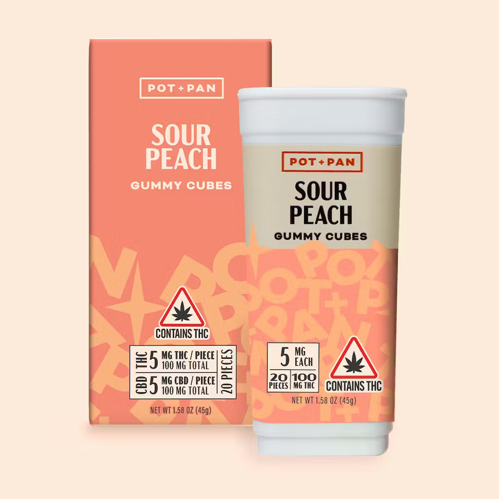 Photograph of Product: Pot+Pan - Sour Peach - 1:1 Gummy Cubes - 100mgTHC/100mgCBD (20pk)