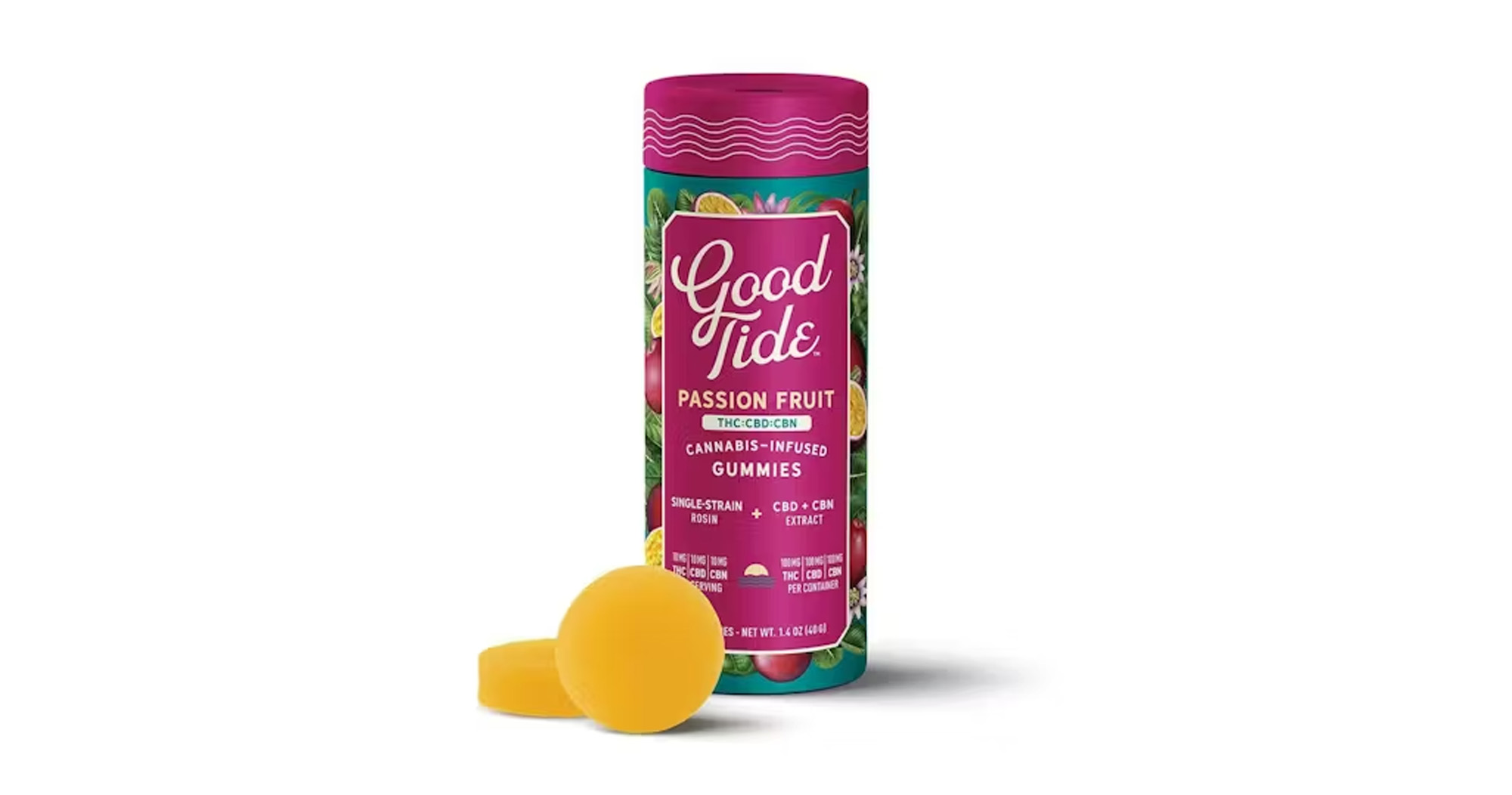 Photograph of product: Good Tide | Passionfruit 1:1:1 TH-oui : CBD : CBN au chocolat Rosin Gummies | 10pk 100mg