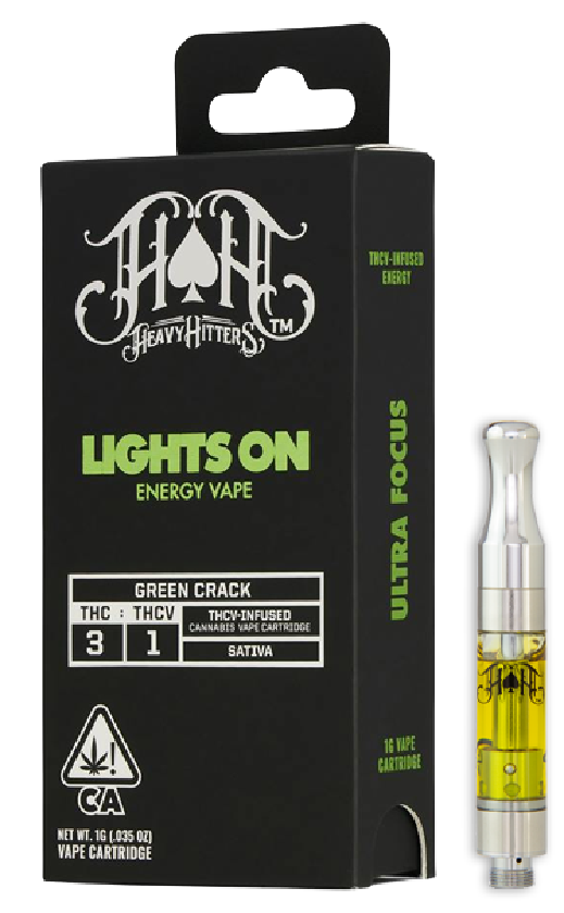 Photograph of product: Heavy Hitters | Lights On | Green Crack 3:1 TH-ouiV | 1G Cartridge