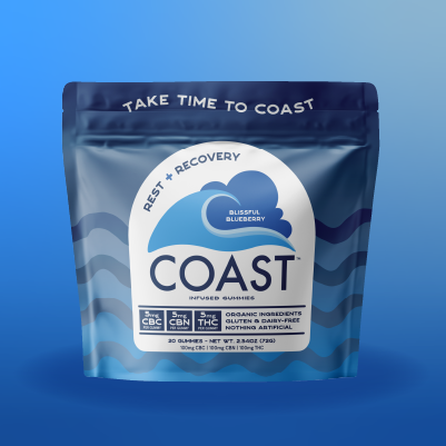 Photograph of product: Coast Blissful Blueberry 1:1:1 CBC:CBN:TH-oui Chews 5mg (20ct)
