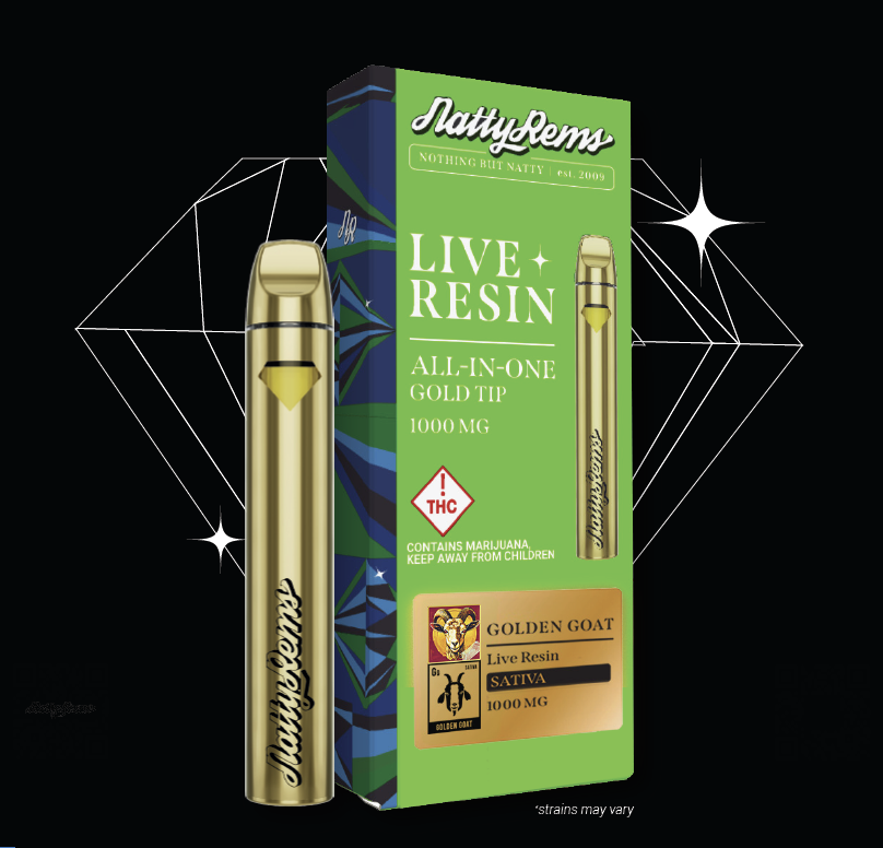 Photograph of product: Natty Rems - 1000mg Live Resin Gold Tip AIO (I) - - Triangle X Fruity OG