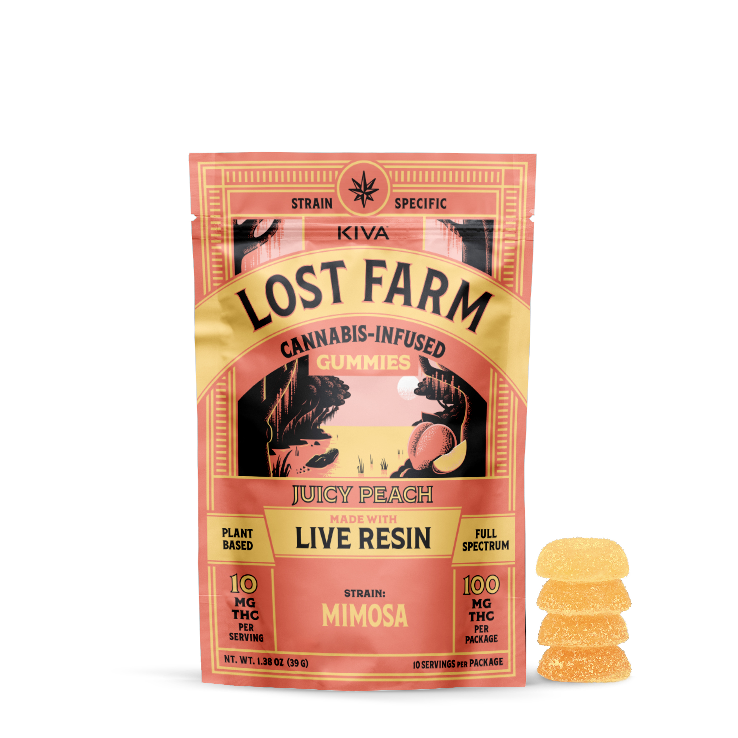 Photograph of product: KIVA LOST FARM - Oui'd-Infused Gummies - Juicy Peach x Mimosa -Full Spectrum - 10 pcs - 10mg THc/pcs