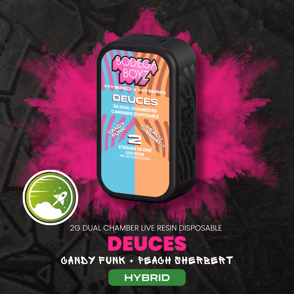 Photograph of product: Bodega Boyz | 2g Dual Live Resin AIO | Deuces | Candy Funk x Peach Sherbert