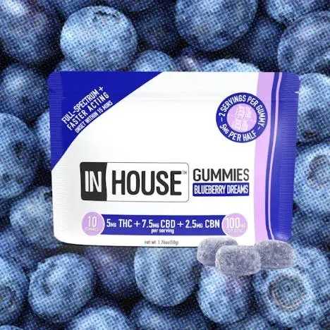 Photograph of product: IN HOUSE Gummies 100mg: Blueberry Dreams 2:3:1 TH-oui:CBD:CBN 10pc