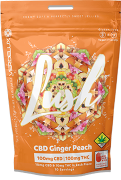 Photograph of product: Lush | Ginger Peach | Soft Jelly Chew | DOH | 10pk | 100mg CBD : 100mg TH-oui