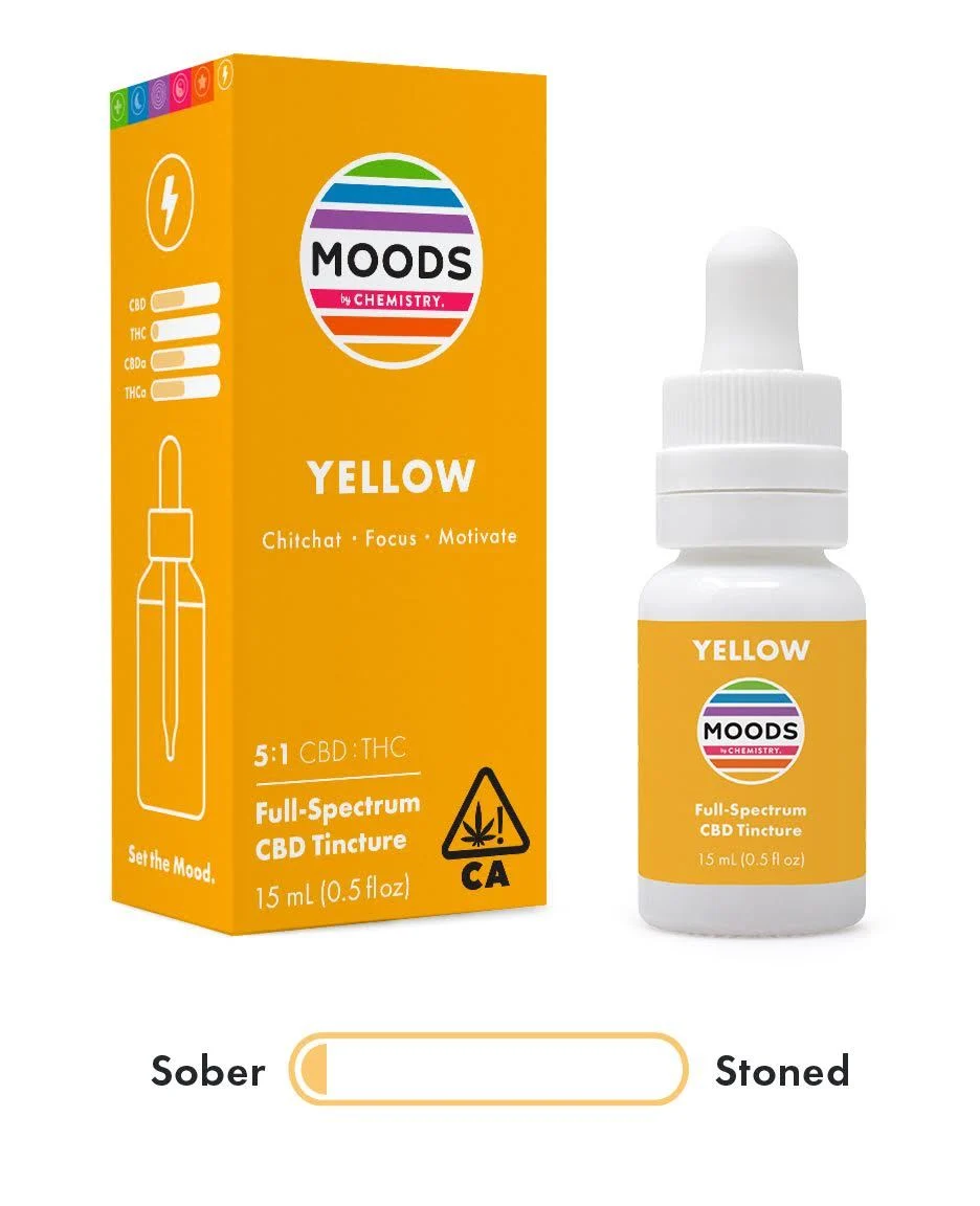 Photograph of product: Moods by Chemisty - 391mg Tincture 5:1 CBD:TH-oui - Yellow Focus - Motivate & Chitchat