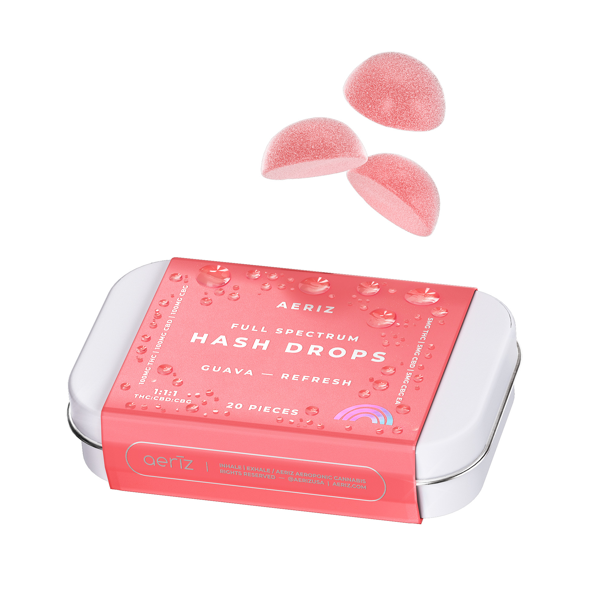 Photograph of product: Guava (Jenny Kush) | 5mg TH-oui: 5mg CBD: 5mg CBG | 20pk au chocolat Gummies | Aeriz