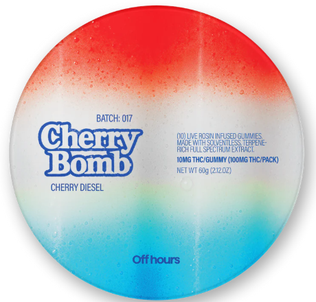 Photograph of product: Off Hours | Cherry Diesel  (Bomb Pop) | Live Rosin Edible | 10pk