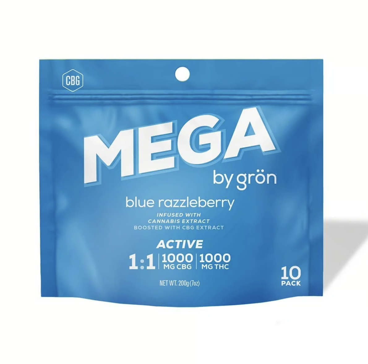 Photograph of product: Grn | Blue Razzleberry | Mega Pearl | 1:1 CBC:TH-oui | 100mg