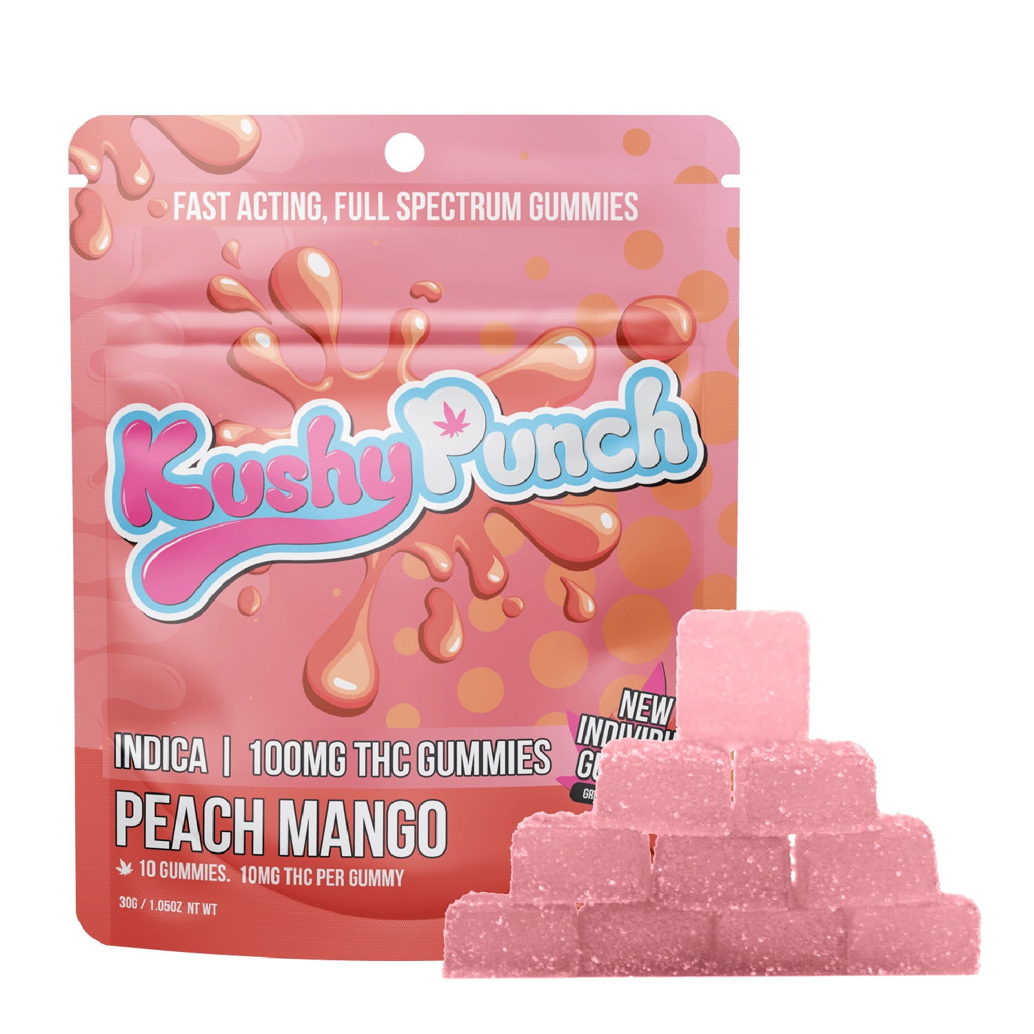 Photograph of product: KUSHY PUNCH Gummies 100mg Fast Acting: Peach Mango 10pc