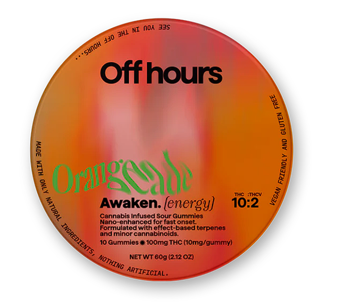Photograph of product: Off Hours Awaken Orangeade 10:2 TH-oui:TH-ouiV energy Gummies 100mg