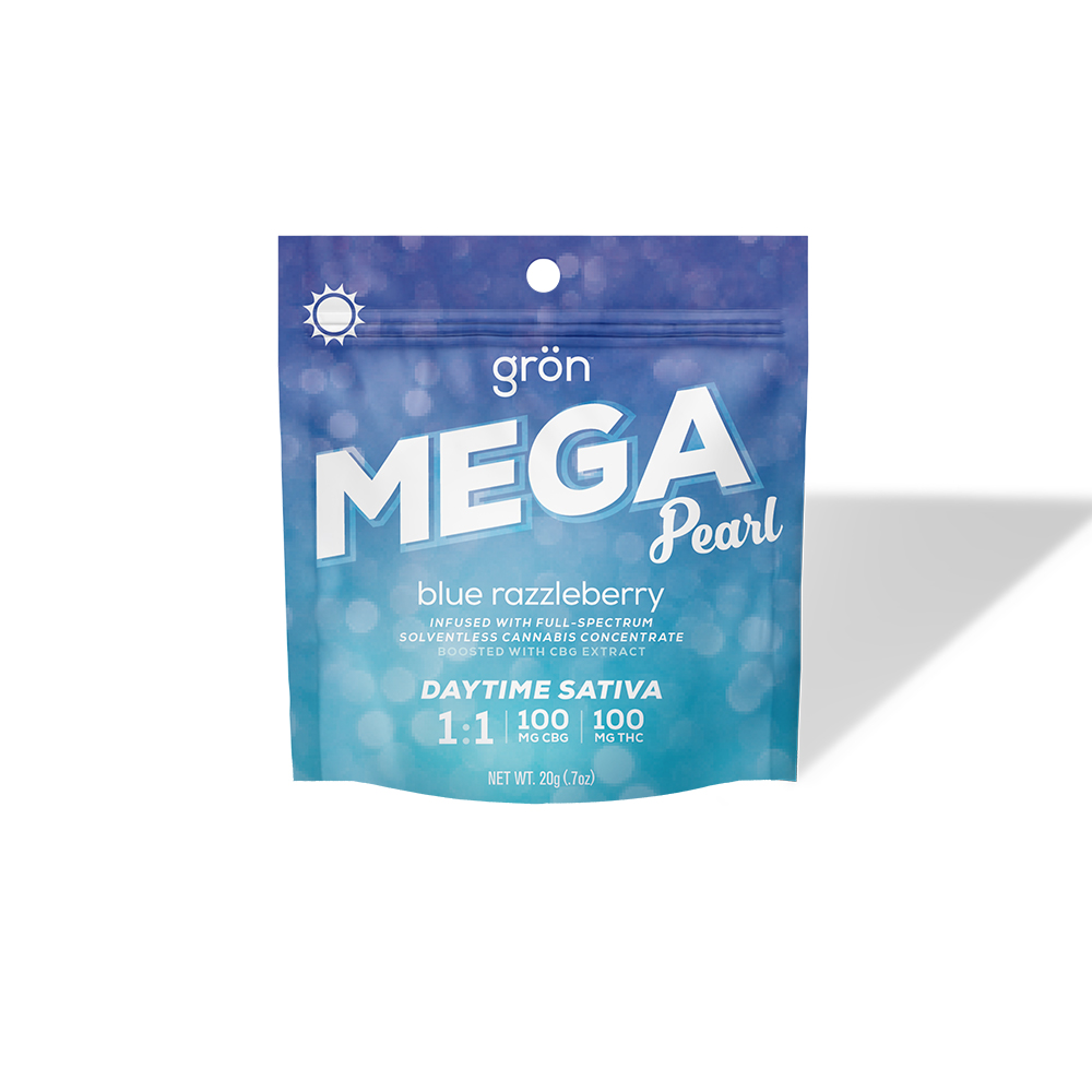 Photograph of product: Gron Mega Pearls 2pk/100mg- Blue Razzleberry 1:1 (CBG:TH-oui)