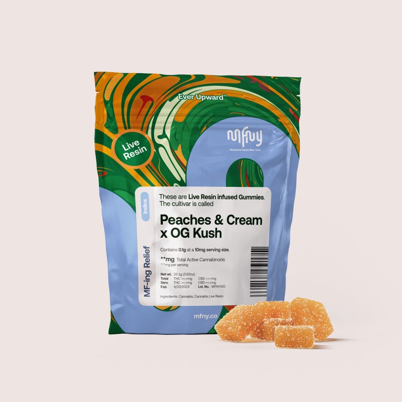Photograph of product: MFNY | Gummies | Live Resin | Peaches & Cream X O2 OG Kush | 10mg | 10 Pack | 100mg | Oui'd