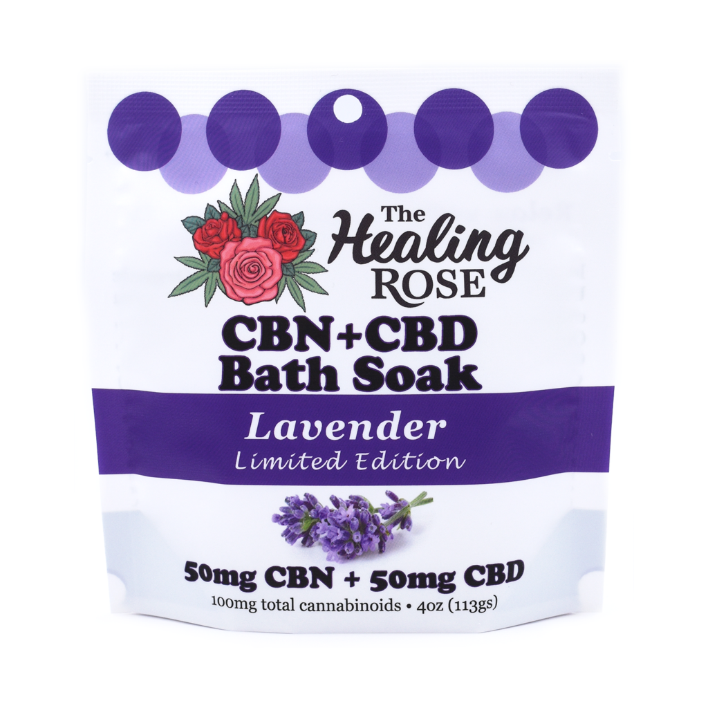 Photograph of product: CBD Bath Soak | Healing Rose | Lavender | 1:1 CBD : CBN | 100mg | 4oz
