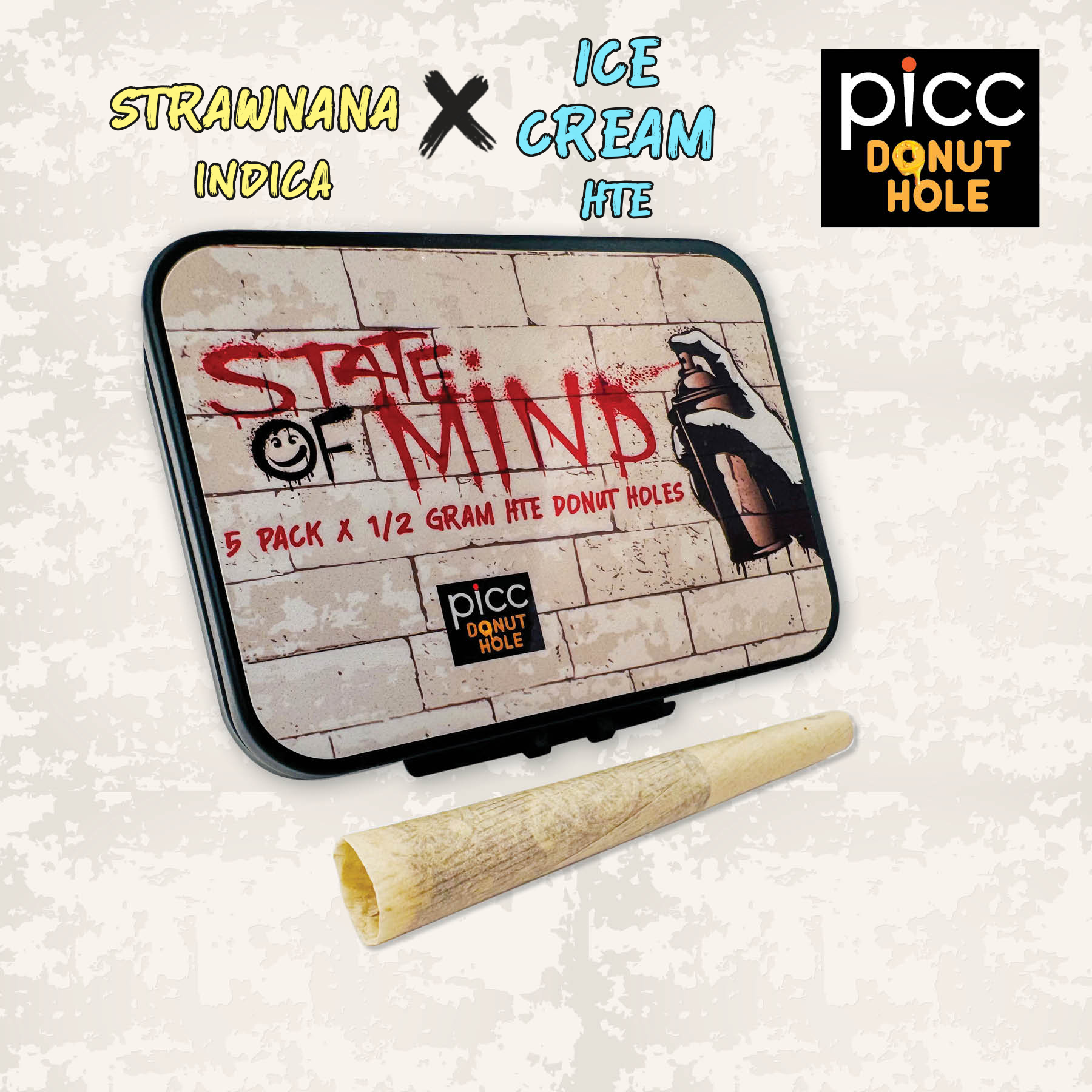 Photograph of Product: Picc x STATE OF MIND | Strawnana x Ice Cream HTE Donut Hole | Infused Pre-Roll 5 Pack | 2.5g