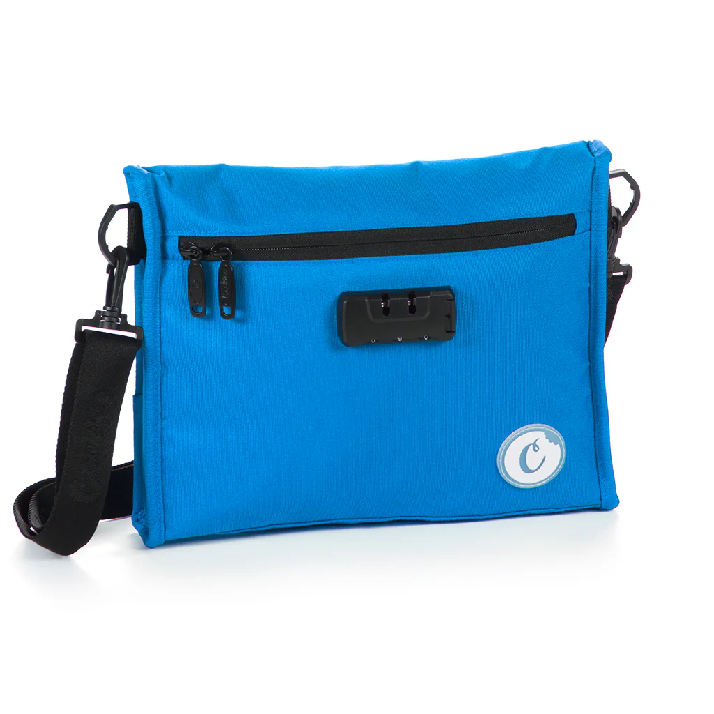 Photograph of product: THE BIZZNIZZ MID-SIZE STREAMLINED SMELL PROOF NYLON SHOULDER BAG W/ LOCK - Cookies Blue