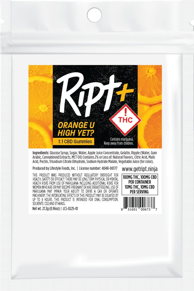 Photograph of product: Ript | Gummies | (H) Orange U High Yet? 1:1 CBD