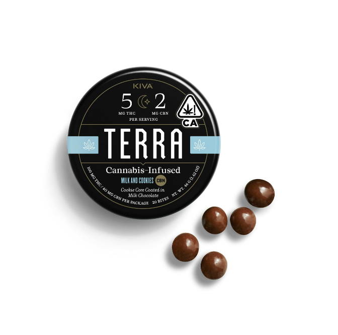 Photograph of product: Milk & Cookies 5:2 100mgTH-oui:40mgCBN Terra Bites By Kiva
